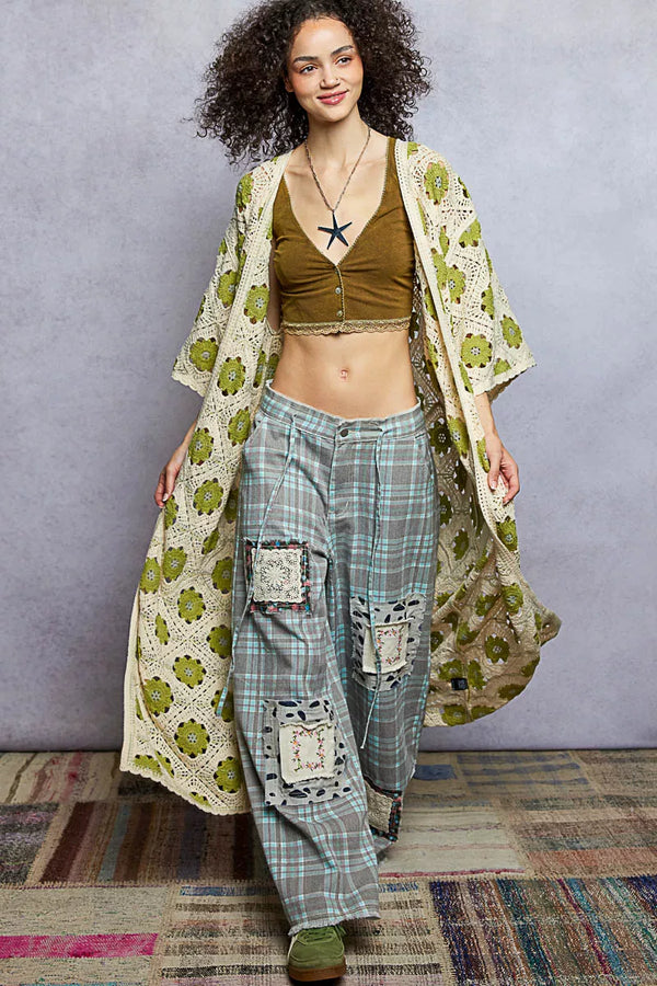 POL Open Front Floral Crochet Longline Cardigan